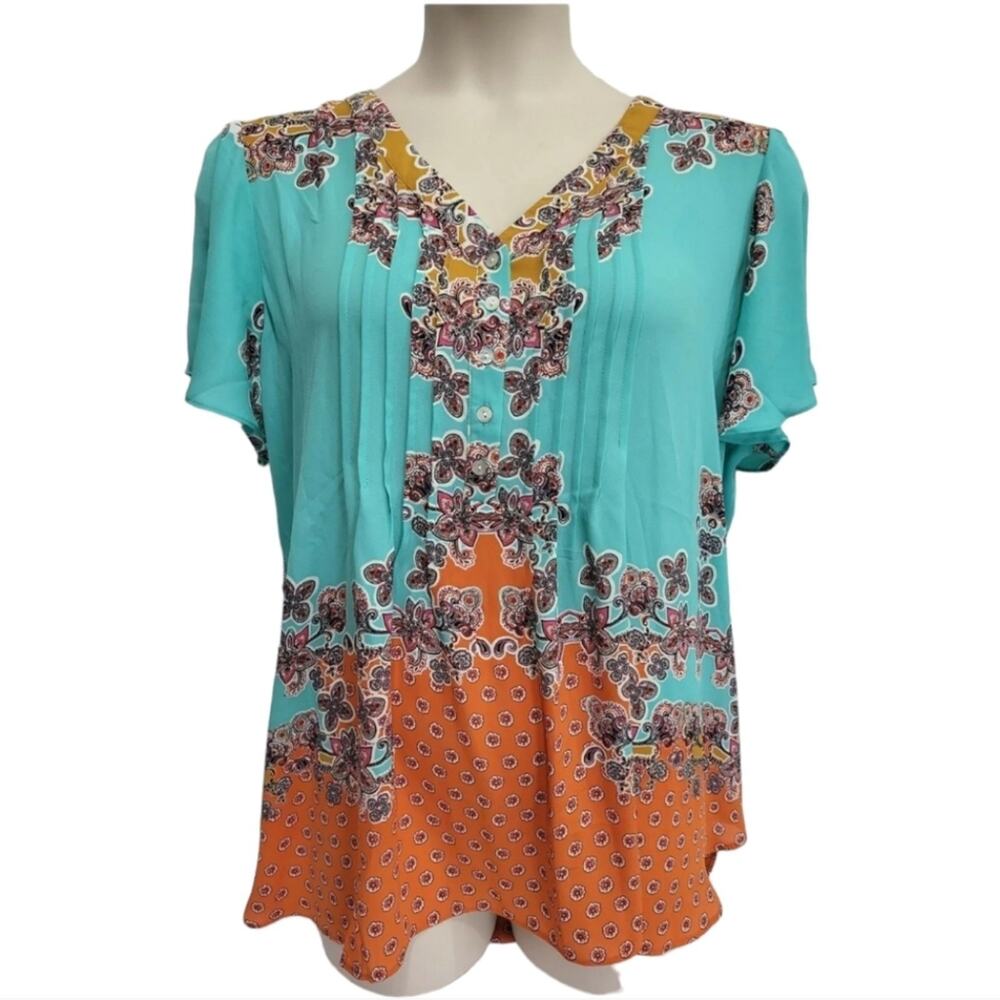 Rose + Olive Womens 2X Turquoise Orange Paisley Pintuck V-Neck Blouse NWT